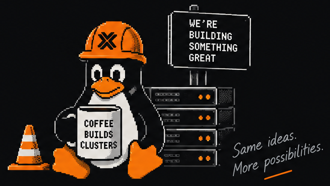 Tux in an orange Proxmox hard hat holding a mug that says coffee builds clusters, next to a server rack and a sign saying we're building something great